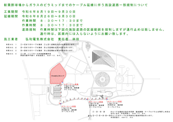 新築野球場からガラスのピラミッドまでのケーブル延線にともなう施設道路一部規制について